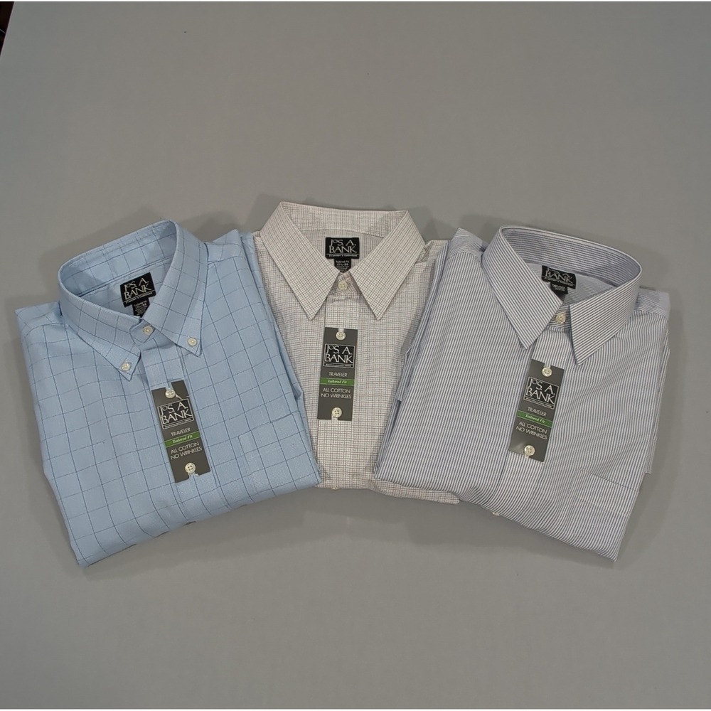 Jos. A. Bank Mens Traveler Tailored Fit 17.5 34 Blue Burgundy Cotton Shirt Lot 3